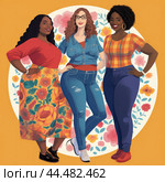 Sticker of a Body positive: beyond stereotypes, women who love themselves as they are. Стоковое AI-изображение, AI-художник Veniamin Kraskov / Фотобанк Лори