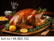 A mouthwatering baked turkey for Thanksgiving. Стоковое AI-изображение, AI-художник Veniamin Kraskov / Фотобанк Лори