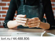 Woman making pottery, hands closeup, blurred background, focus on potters, palms with pottery. Concept for woman in freelance, business, hobby. Turning hobbies into cash and passion into job. Стоковое фото, фотограф Natalia Gdovskaia / Фотобанк Лори