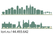 Abstract Algiers Algeria and Chongqing Сhina City Skyline set with Color Buildings. Illustration. Business Travel and Tourism Concept with Modern Architecture. Стоковая иллюстрация, иллюстратор Игорь Сорокин / Фотобанк Лори