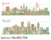 Bristol UK and Geneva Switzerland City Skyline Set with Color Buildings. Стоковая иллюстрация, иллюстратор Игорь Сорокин / Фотобанк Лори