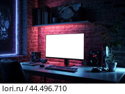 Screen monitor at blue neon light of personal gamer computer in dark living room. Monitor of pc on table at cozy home with modern design is neon lit. Advertising mock-up concept. Copy ad text space. Стоковое AI-изображение, AI-художник Aleksandr Golubev / Фотобанк Лори