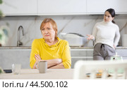 Adult woman and young woman during quarrel in kitchen. Стоковое фото, фотограф Яков Филимонов / Фотобанк Лори