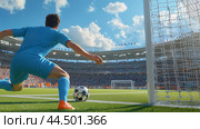 Goalkeeper dives to save a penalty kick during an afternoon soccer match in a packed stadium. Стоковое AI-изображение, AI-художник Сергей Толмачёв / Фотобанк Лори