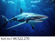 Blue shark (Prionace glauca) in blue water. Стоковое AI-изображение, AI-художник Veniamin Kraskov / Фотобанк Лори