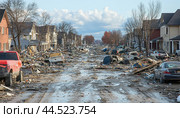 Devastated suburb neighborhood street after natural disaster flood hurricane. Стоковое AI-изображение, AI-художник Юрий Поздников / Фотобанк Лори