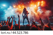 Rock band performing on stage with fans cheering at concert. Стоковое AI-изображение, AI-художник Юрий Поздников / Фотобанк Лори
