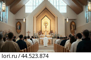Priest leading congregation in modern church during service. Стоковое AI-изображение, AI-художник Юрий Поздников / Фотобанк Лори