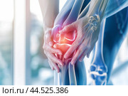 Woman holding her knee experiencing joint pain. Стоковое AI-изображение, AI-художник Иван Рябоконь / Фотобанк Лори