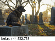 Loyal companion waiting by graveside at sunset. Стоковое AI-изображение, AI-художник Иван Рябоконь / Фотобанк Лори