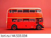 Vintage red doubledecker bus on coral background. Стоковое AI-изображение, AI-художник Иван Рябоконь / Фотобанк Лори