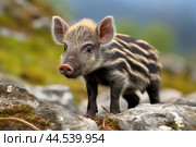 Wild striped boar piglet in the wild. Стоковое AI-изображение, AI-художник Veniamin Kraskov / Фотобанк Лори