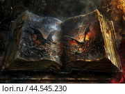 Enchanted fiery spellbook on mystic altar. Стоковое AI-изображение, AI-художник Иван Рябоконь / Фотобанк Лори