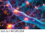 Synaptic transmission in neural network. Стоковое AI-изображение, AI-художник Иван Рябоконь / Фотобанк Лори
