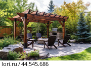 Cozy backyard patio with pergola and fire pit. Стоковое AI-изображение, AI-художник Иван Рябоконь / Фотобанк Лори
