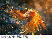 Majestic phoenix in flight amidst twinkling lights. Стоковое AI-изображение, AI-художник Иван Рябоконь / Фотобанк Лори