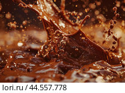 Highresolution image capturing the dynamic motion of a chocolate splash. Стоковое AI-изображение, AI-художник Иван Рябоконь / Фотобанк Лори
