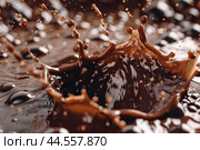 Highspeed capture of a chocolate splash forming a crown shape with droplets airborne. Стоковое AI-изображение, AI-художник Иван Рябоконь / Фотобанк Лори