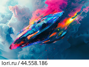Vibrant scifi spaceship gliding through cosmic clouds. Стоковое AI-изображение, AI-художник Иван Рябоконь / Фотобанк Лори