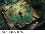 Vintage nautical map with compass and artifacts. Стоковое AI-изображение, AI-художник Иван Рябоконь / Фотобанк Лори