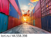 Sunset at cargo container terminal. Стоковое AI-изображение, AI-художник Иван Рябоконь / Фотобанк Лори