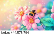 A bumblebee pollinates colorful flowers in a vibrant garden glow during springtime. Стоковое AI-изображение, AI-художник Сергей Толмачёв / Фотобанк Лори