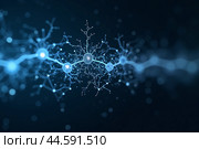 Artificial intelligence is presented as an abstract illustration of a model on a blue background symbolizing future technologies and transmitting data in the form of bytes and files. Стоковое AI-изображение, AI-художник Сергей Краснощеков / Фотобанк Лори