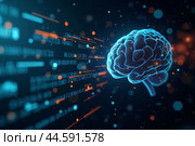 Artificial intelligence is presented as an abstract illustration of a model on a blue background symbolizing future technologies and transmitting data in the form of bytes and files. Стоковое AI-изображение, AI-художник Сергей Краснощеков / Фотобанк Лори