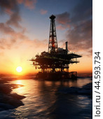Offshore oil rig extracting oil against the backdrop of sunset. Стоковое AI-изображение, AI-художник Сергей Елизарьев / Фотобанк Лори