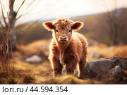 Calf of Highland Cattle in the wild. Стоковое AI-изображение, AI-художник Veniamin Kraskov / Фотобанк Лори