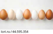 A row of eggs lined up on a white surface with brown and white, AI. Стоковое AI-изображение, AI-художник Сергей Старуш / Фотобанк Лори