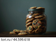 Glass jar full of homemade chocolate chip cookies. Стоковое AI-изображение, AI-художник Иван Рябоконь / Фотобанк Лори