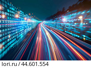 Highspeed data stream on highway at night. Стоковое AI-изображение, AI-художник Иван Рябоконь / Фотобанк Лори