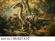 Majestic velociraptor in prehistoric jungle. Стоковое AI-изображение, AI-художник Иван Рябоконь / Фотобанк Лори