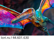 Colorful digital illustration of a prehistoric pterosaur with detailed textures. Стоковое AI-изображение, AI-художник Иван Рябоконь / Фотобанк Лори