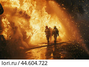 Brave firefighters in action against inferno. Стоковое AI-изображение, AI-художник Иван Рябоконь / Фотобанк Лори