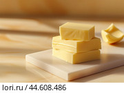 White chocolate pieces on wooden table. Стоковое AI-изображение, AI-художник Иван Рябоконь / Фотобанк Лори