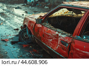Abandoned wrecked car on a desolate street. Стоковое AI-изображение, AI-художник Иван Рябоконь / Фотобанк Лори