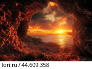 Sunset view from coastal cave. Стоковое AI-изображение, AI-художник Иван Рябоконь / Фотобанк Лори