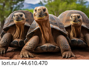 Group of Galapagos Giant Tortoises close up. Стоковое AI-изображение, AI-художник Veniamin Kraskov / Фотобанк Лори