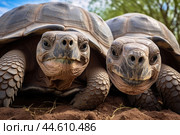 Group of Galapagos Giant Tortoises close up. Стоковое AI-изображение, AI-художник Veniamin Kraskov / Фотобанк Лори
