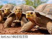 Group of Galapagos Giant Tortoises close up. Стоковое AI-изображение, AI-художник Veniamin Kraskov / Фотобанк Лори