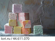 Colorful assorted turkish delights on display. Стоковое AI-изображение, AI-художник Иван Рябоконь / Фотобанк Лори