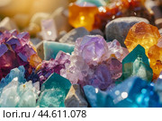 Vibrant assortment of colorful crystal gems. Стоковое AI-изображение, AI-художник Иван Рябоконь / Фотобанк Лори