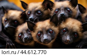Group of Spectacled flying foxes closeup. Стоковое AI-изображение, AI-художник Veniamin Kraskov / Фотобанк Лори