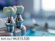 Dental implants closeup on reflective surface. Стоковое AI-изображение, AI-художник Иван Рябоконь / Фотобанк Лори