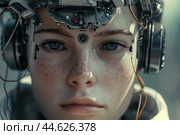 Scifi portrait of a cyborg woman with futuristic headgear. Стоковое AI-изображение, AI-художник Иван Рябоконь / Фотобанк Лори