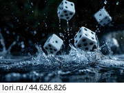 Dynamic dice splash in dark water. Стоковое AI-изображение, AI-художник Иван Рябоконь / Фотобанк Лори