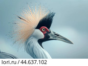 Majestic grey crowned crane portrait. Стоковое AI-изображение, AI-художник Иван Рябоконь / Фотобанк Лори