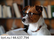 Scholarly dog with glasses in library setting. Стоковое AI-изображение, AI-художник Иван Рябоконь / Фотобанк Лори